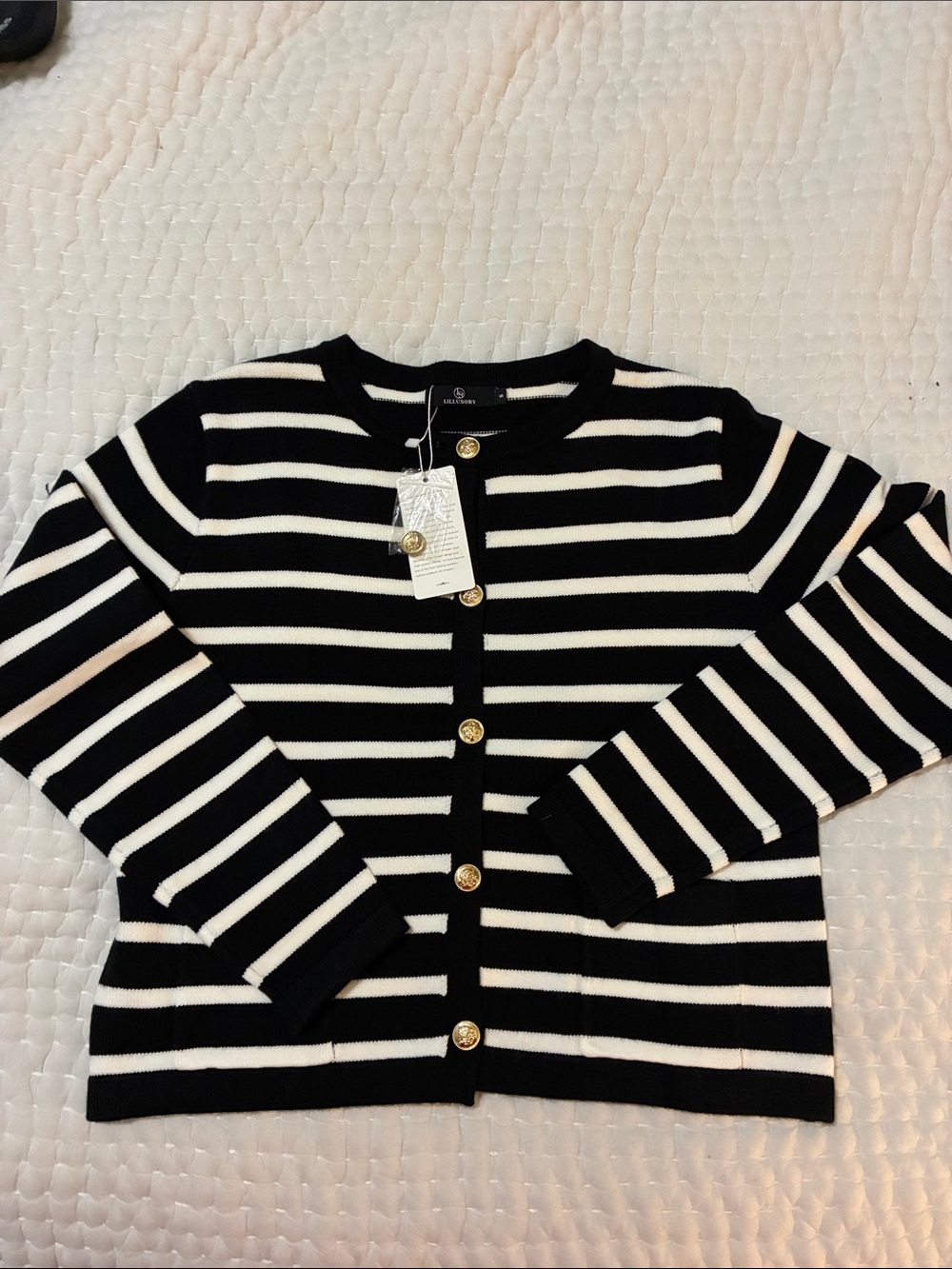 Striped Black and White Button-Front Cardigan Sweater Size S